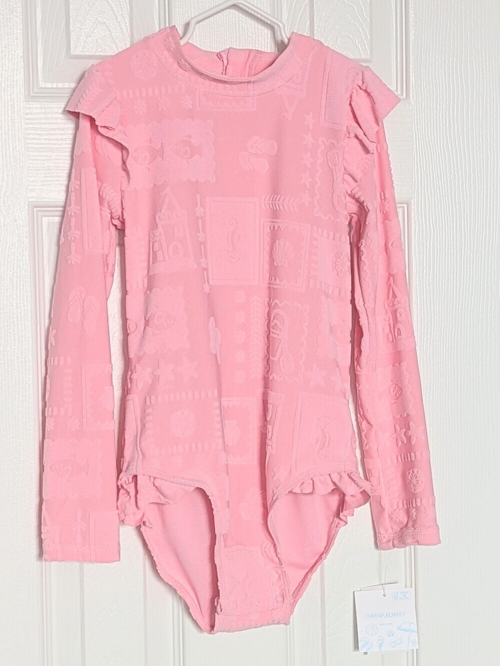 NWT Girls' UPF 50 Long-Sleeve 1-Piece Swimsuit w/Ruffles & Textured Sea Pattern